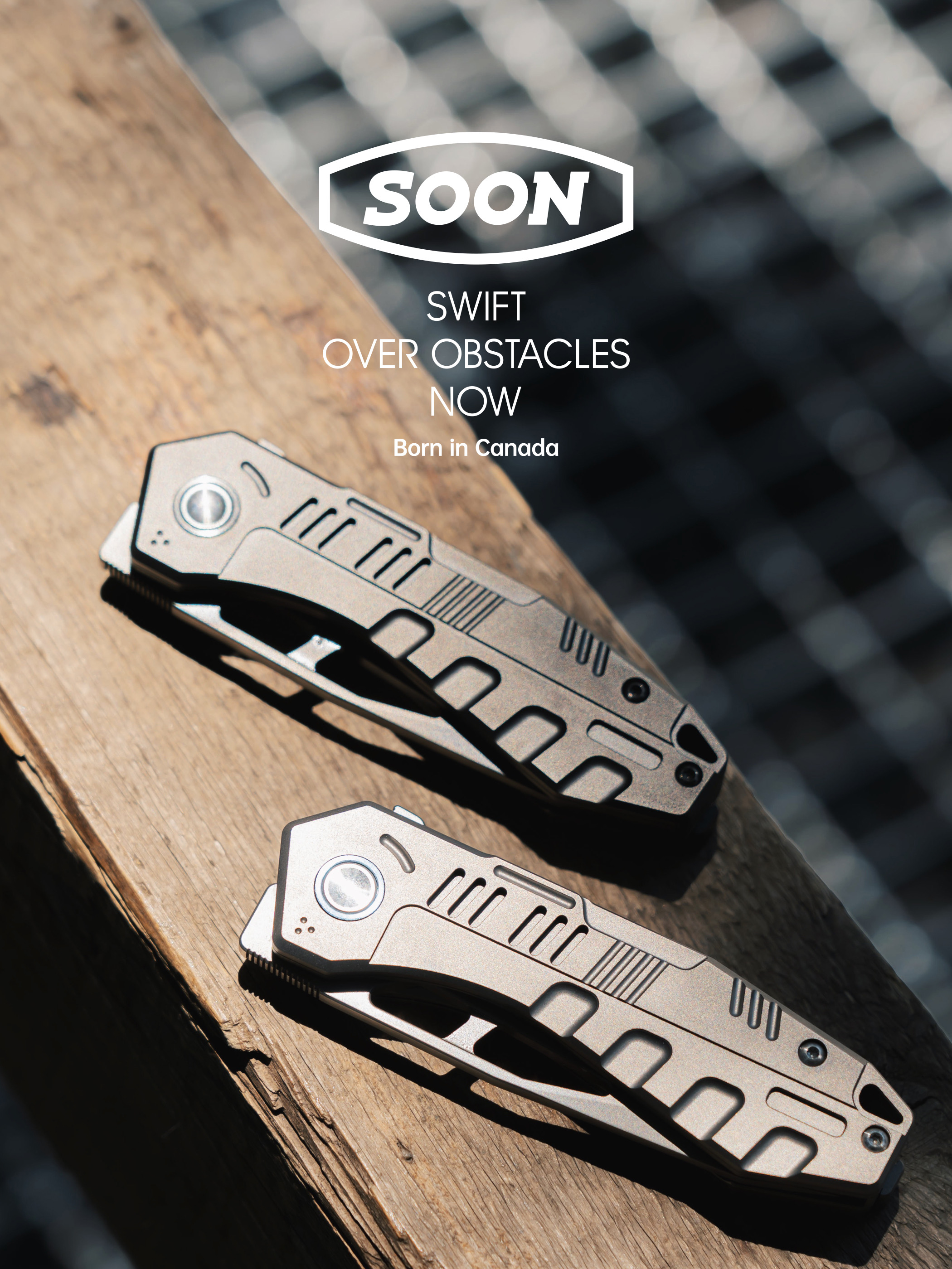Two SOON knives on a wooden bench