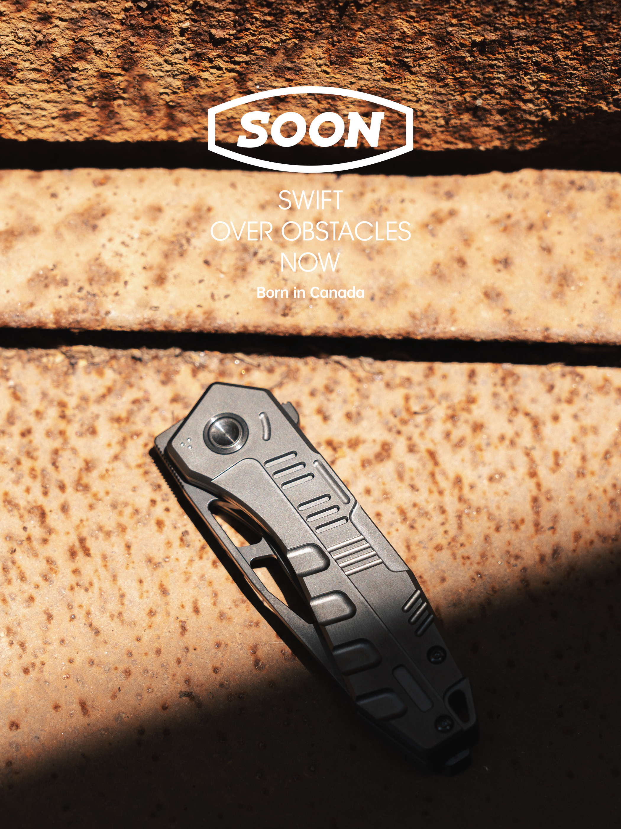 SOON knife on weathered metal